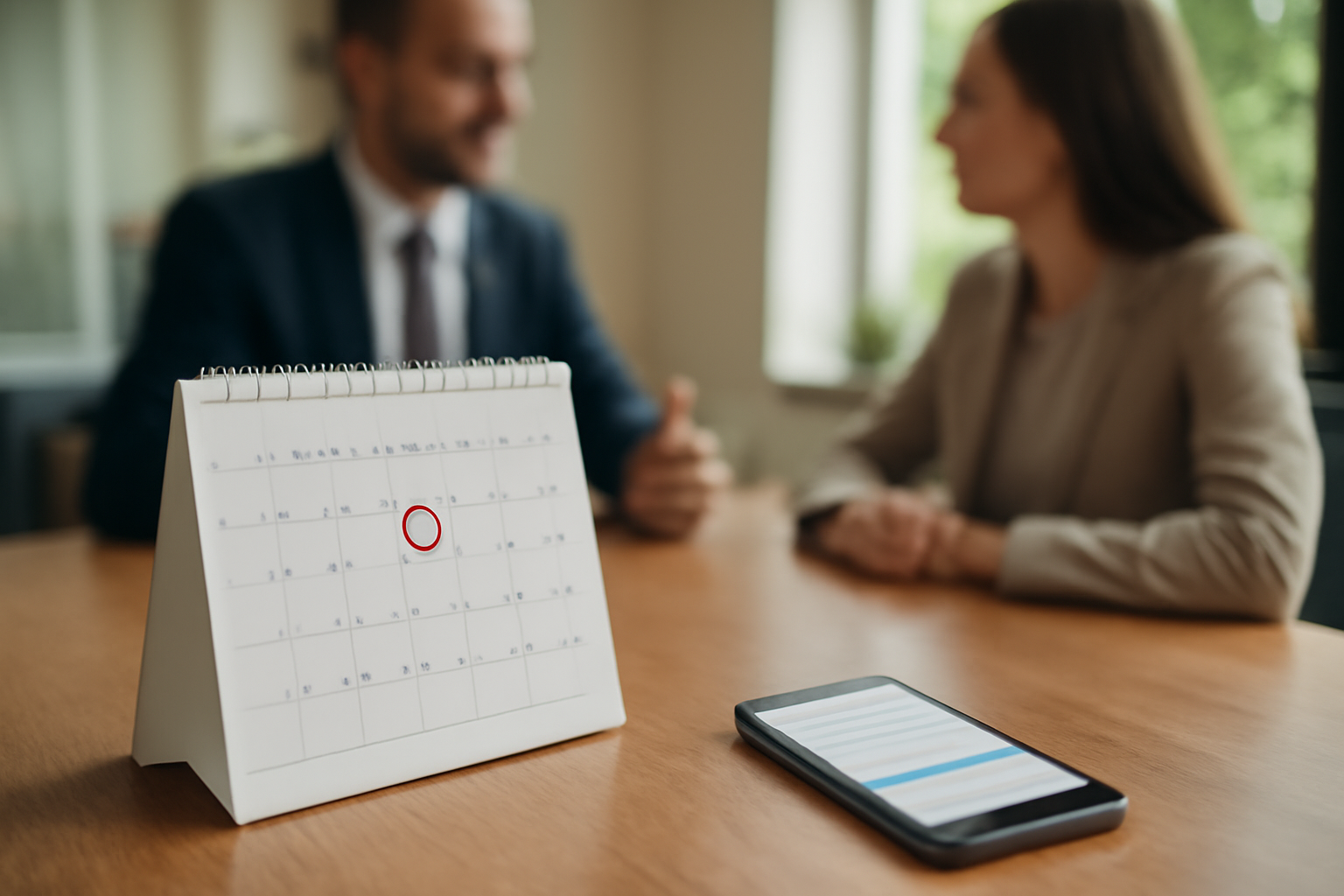 Calendário com reunião agendada e corretor atendendo cliente