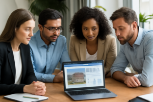 Equipe imobiliária reunida em torno de um laptop com landing page e dashboard de CRM na tela
