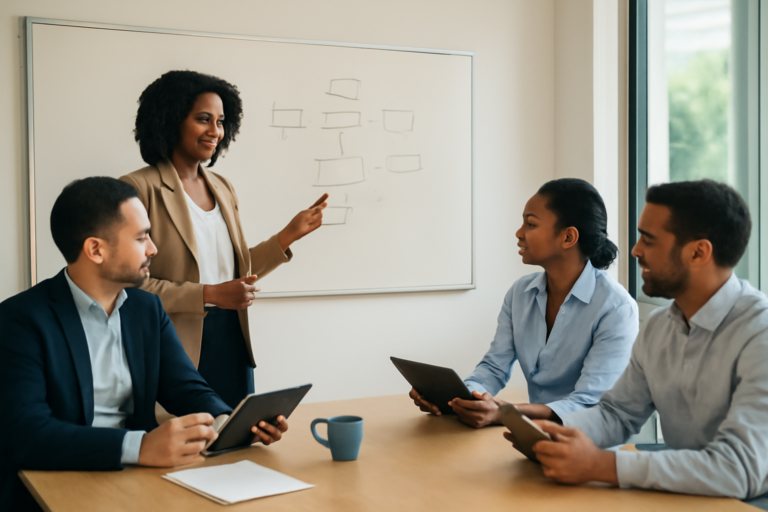 Time comercial em reunião definindo rotinas e scripts de atendimento