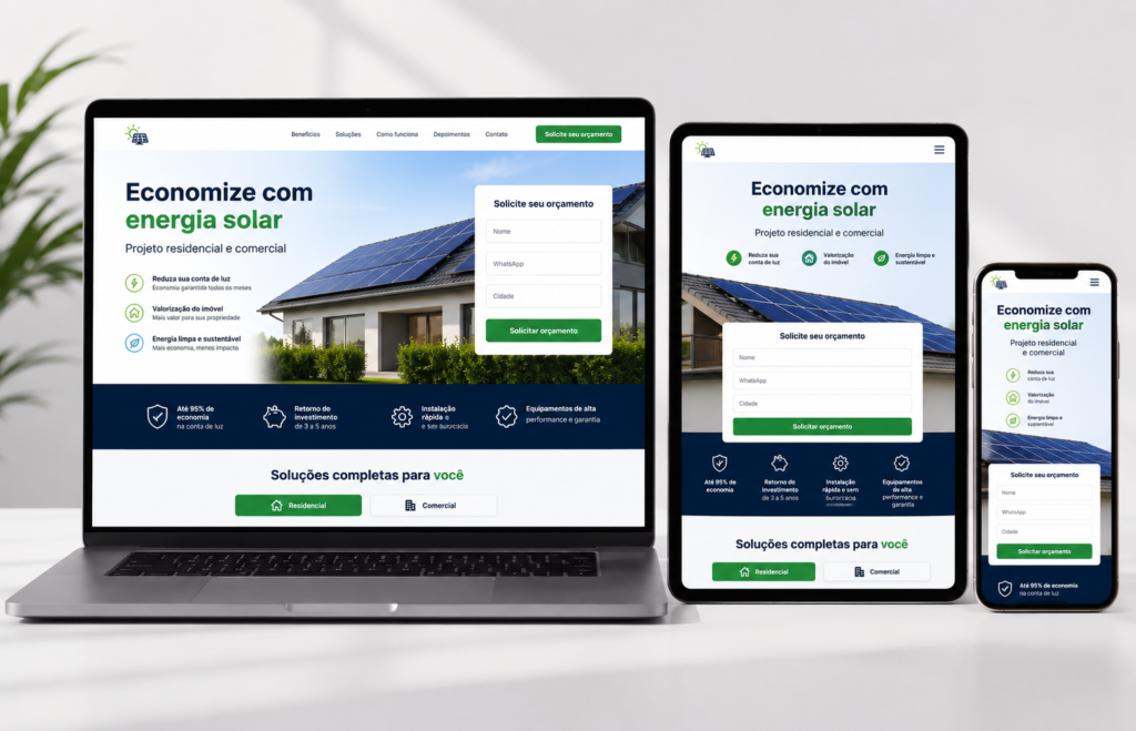 Landing page responsiva para captação de leads de energia solar