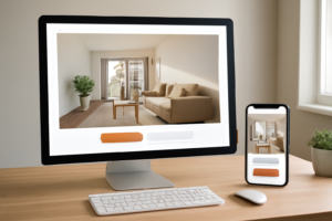 Landing page imobiliária exibida em tela de desktop e celular, destacando formulário e botão de agendamento