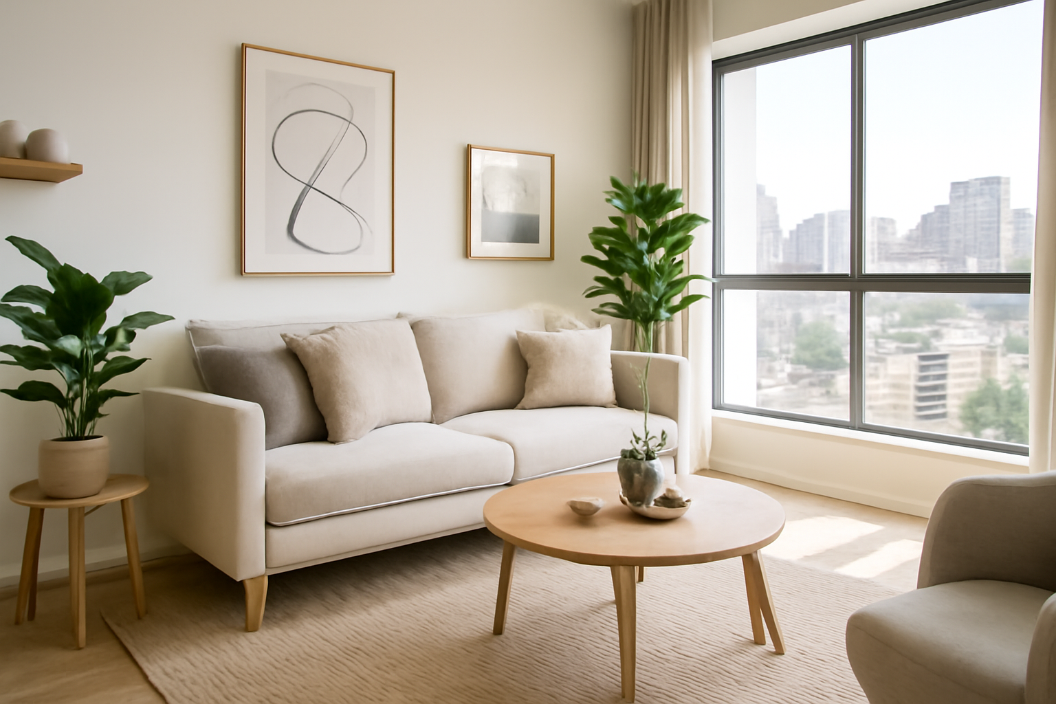Sala de apartamento decorado com iluminação natural, mobília moderna