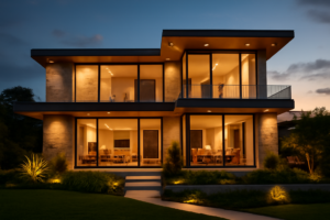Fachada moderna de imóvel de luxo com iluminação ao entardecer