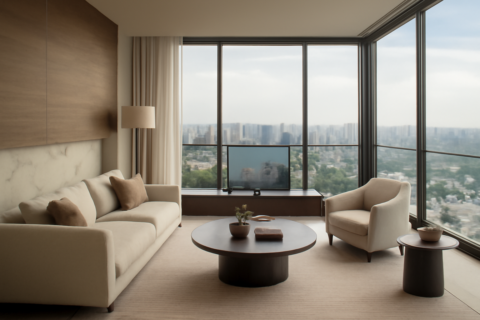 Sala de estar luxuosa com decoração minimalista e janelas amplas