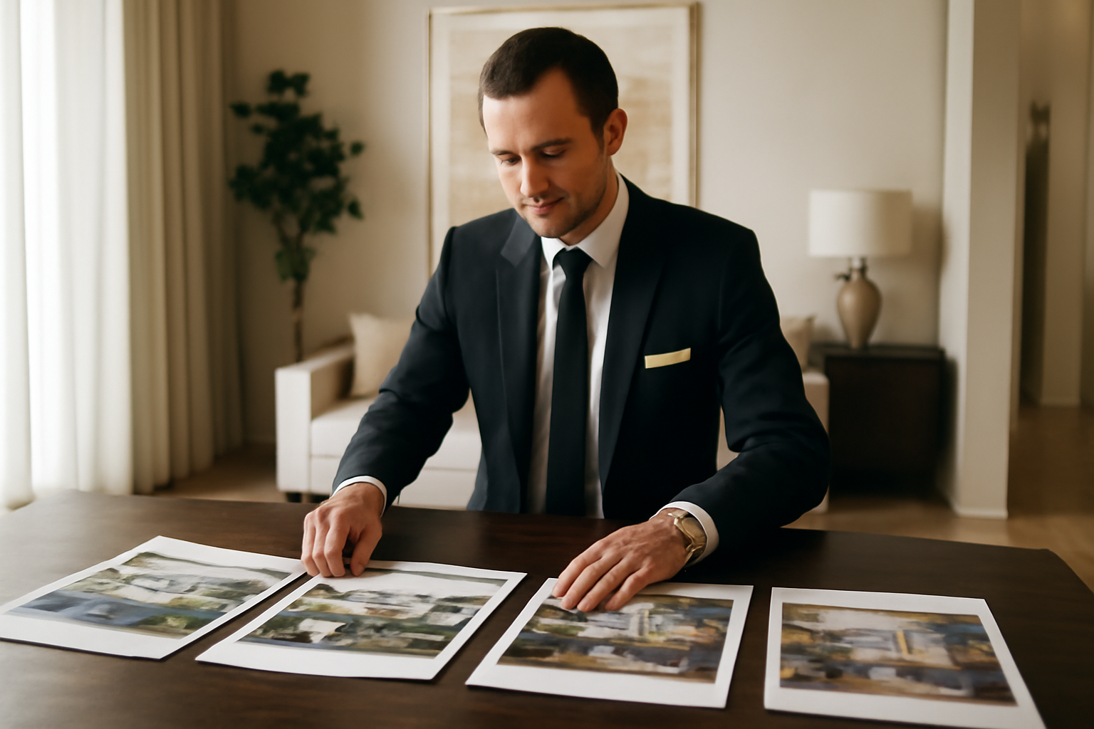 Concierge preparando visita exclusiva com materiais impressos de luxo