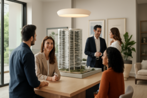 Centro de vendas moderno de empreendimento imobiliário com visitantes e recepcionista
