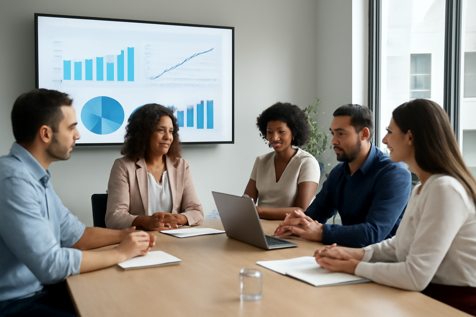 Equipe de marketing e vendas reunida analisando dados de leads em tela grande