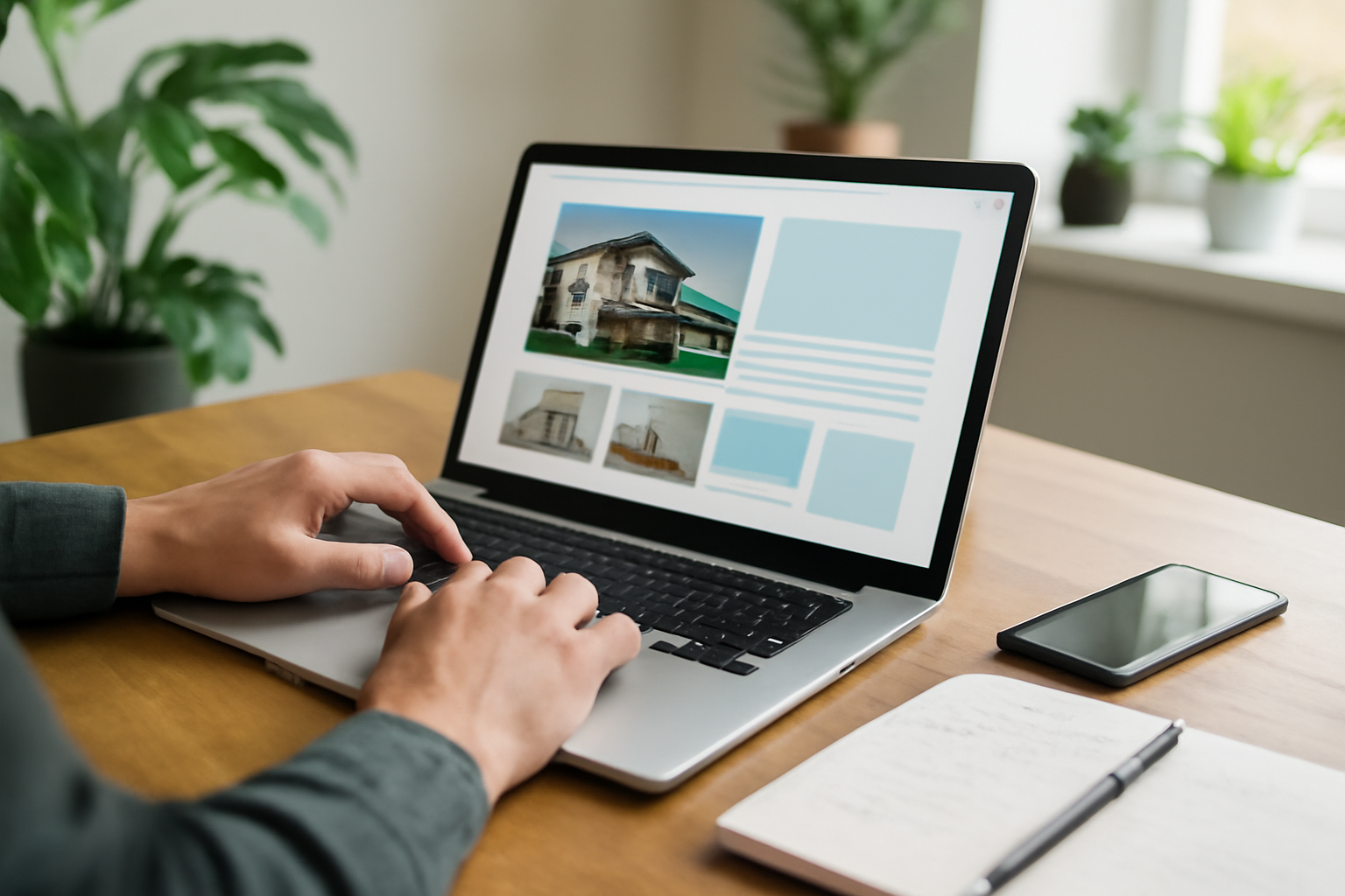 Profissional desenvolvendo landing page imobiliária em laptop
