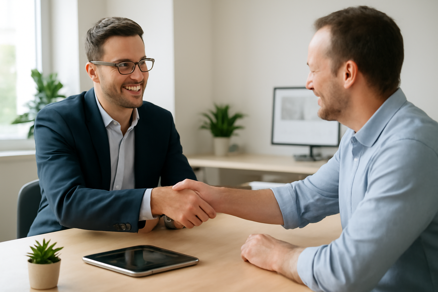 Consultor imobiliário e cliente apertando as mãos após apresentação digital