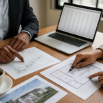 Investidor analisando gráficos e planta de empreendimento em uma mesa com laptop