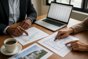 Investidor analisando gráficos e planta de empreendimento em uma mesa com laptop