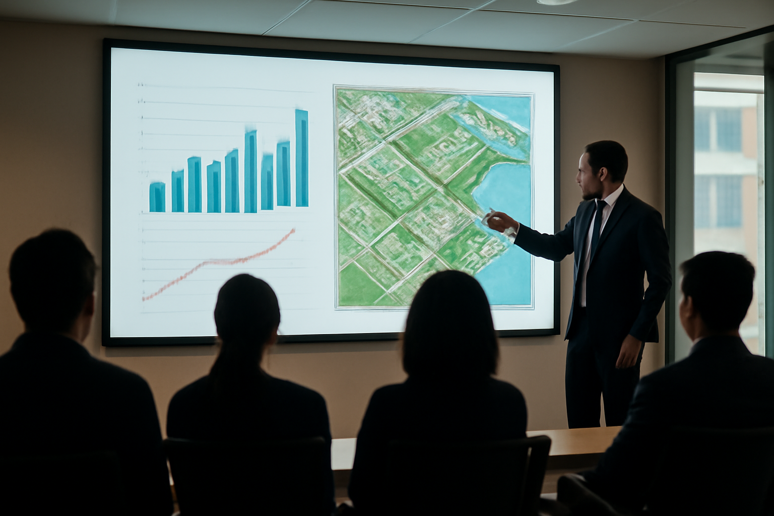 Apresentação de webinar com slides de projeção financeira e mapa de localização do empreendimento