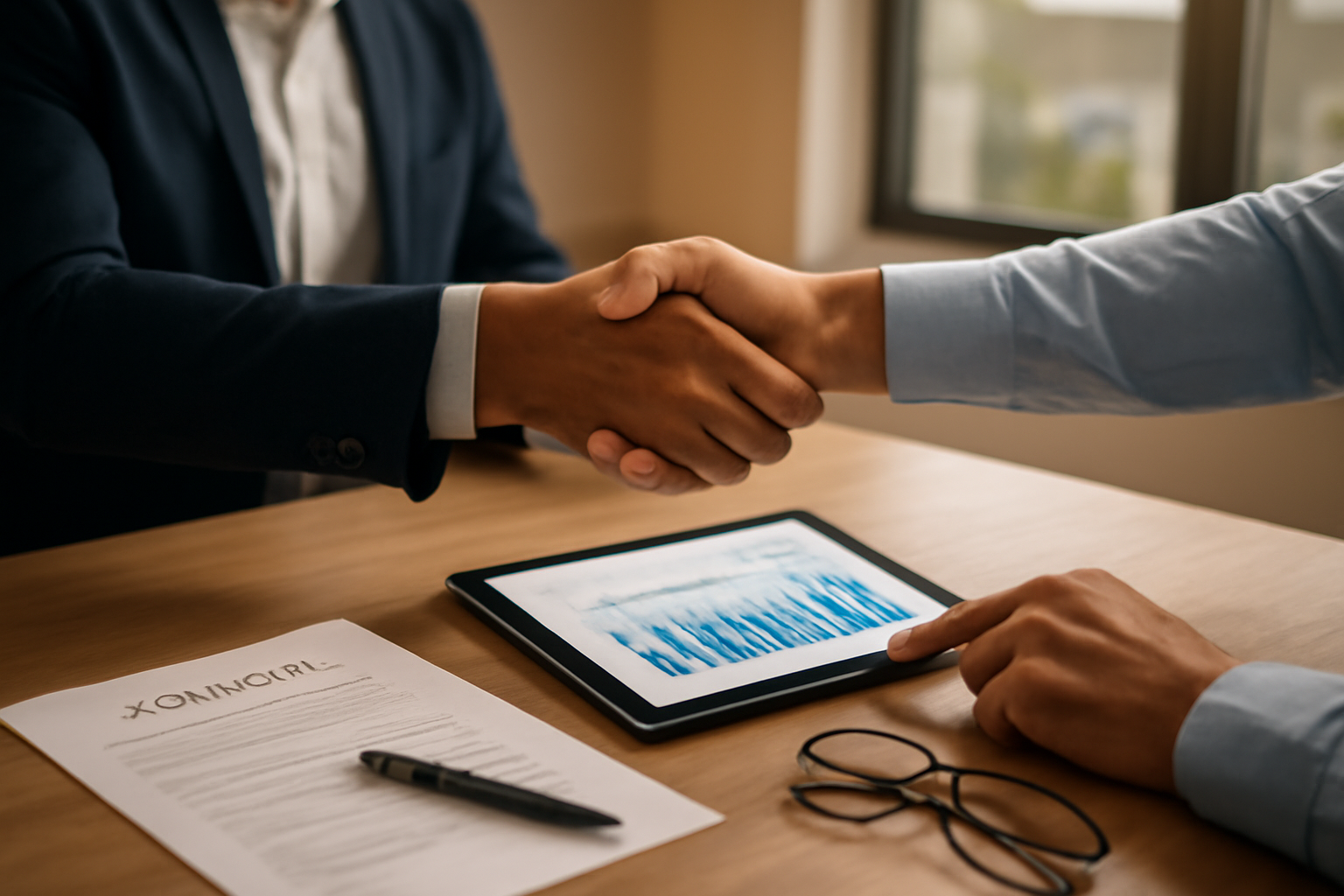Reunião entre investidor e gestor, com contrato e tablet mostrando números