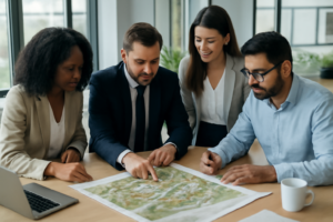 Equipe de marketing e vendas discutindo cronograma de lançamento imobiliário em mesa com planta do empreendimento