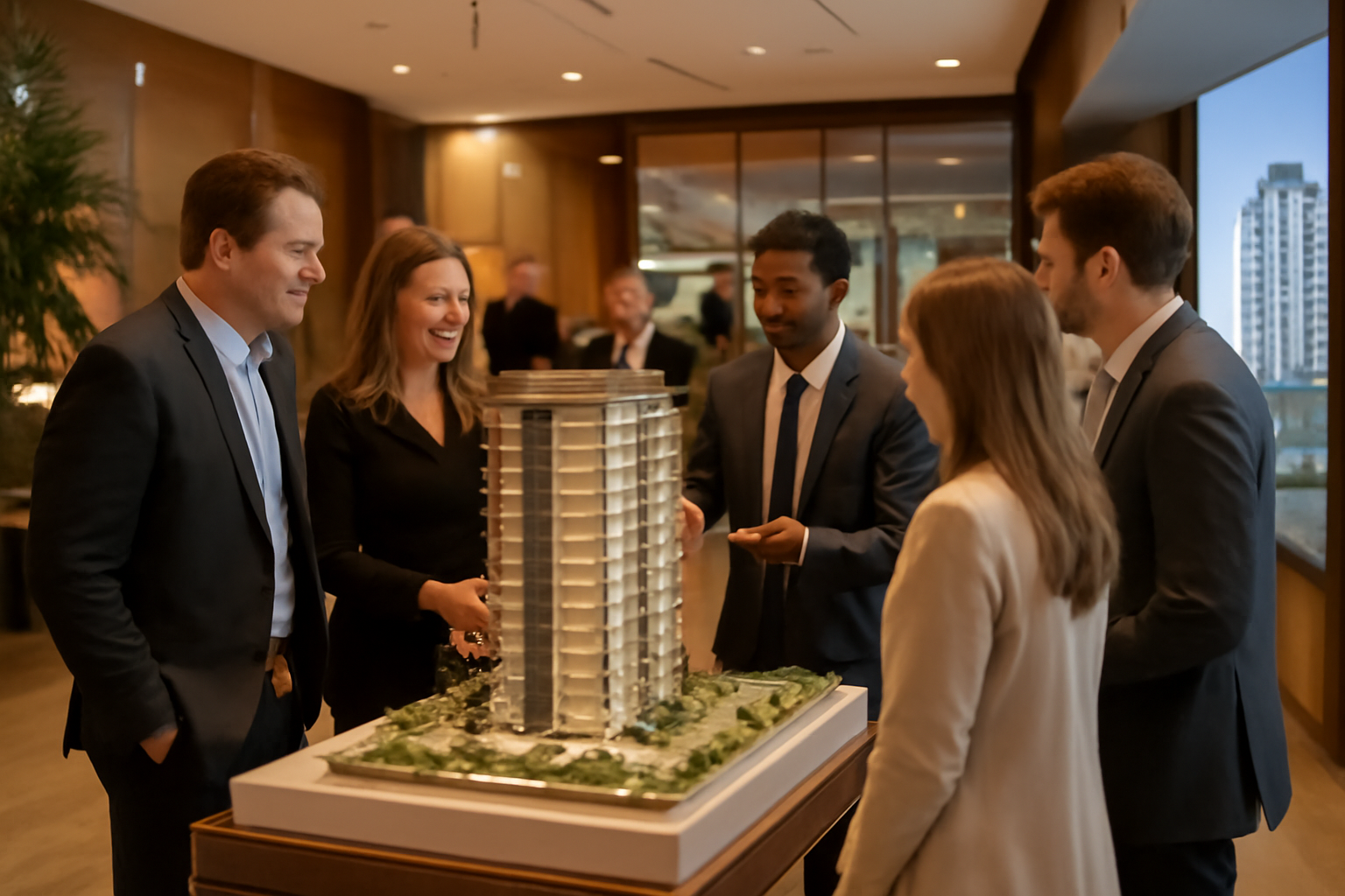 Evento de lançamento imobiliário com convidados visitando maquete do empreendimento