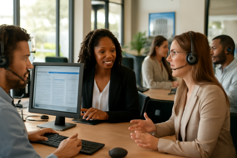 Equipe comercial atendendo leads em escritório moderno com computadores