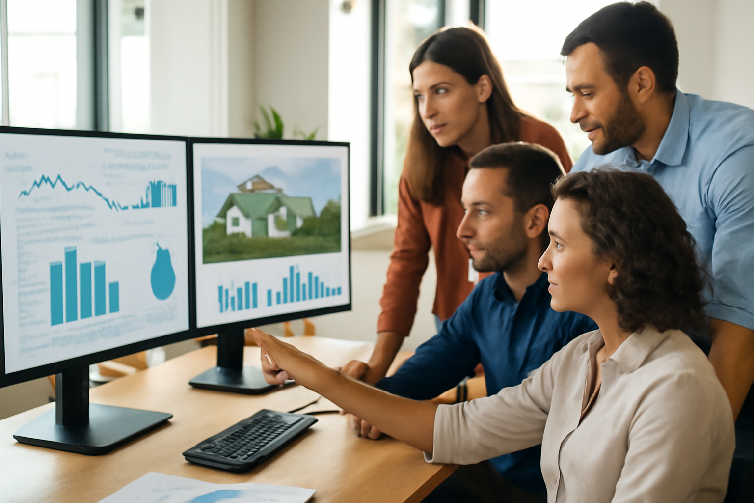 Equipe de marketing analisando dashboards de campanhas em monitores