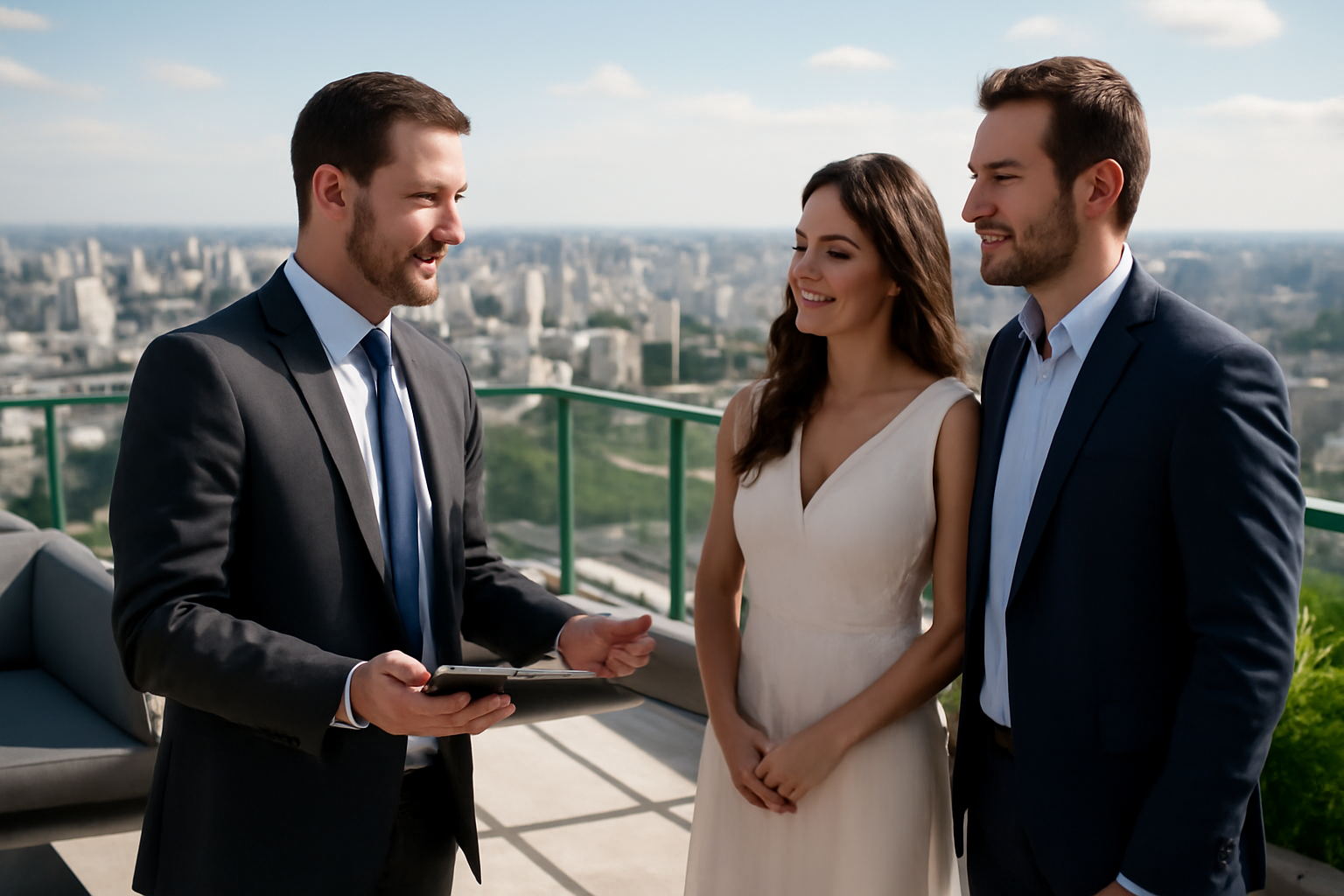 Corretor apresentando rooftop de empreendimento a casal durante visita exclusiva