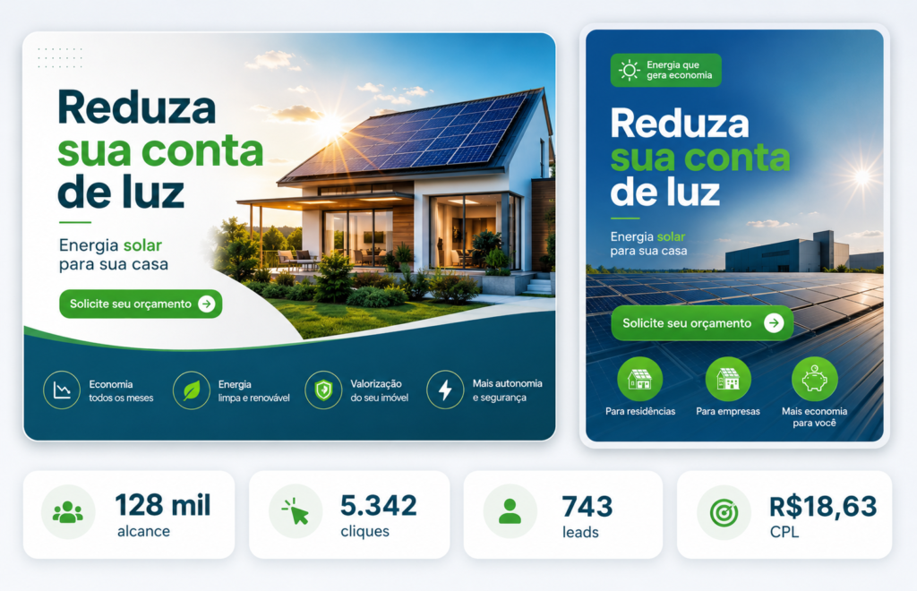 Mockup de anúncios em redes sociais para captação de clientes de energia solar