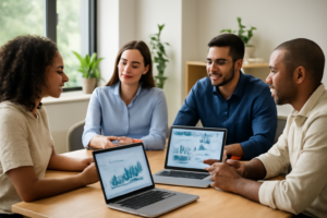 Equipe discutindo estratégia de marketing imobiliário com dashboards
