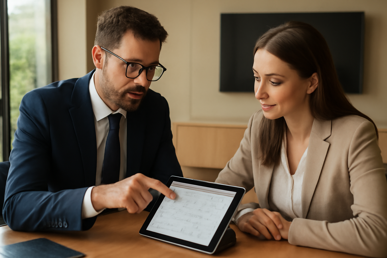 Reunião entre consultor de marketing e gerente de imobiliária com tablet exibindo calendário de reuniões
