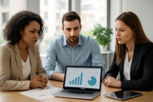 Imobiliária analisando resultados de campanhas de tráfego pago em laptop