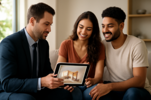 Corretor mostrando anúncio de imóvel em tablet para casal interessado