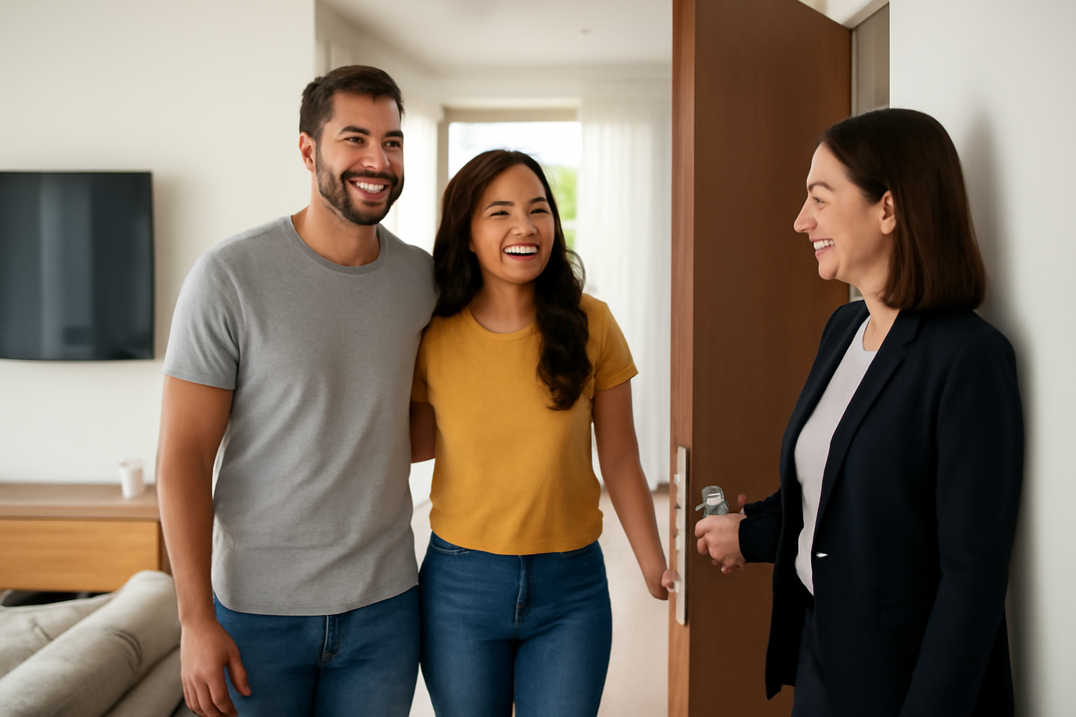 Casal feliz entrando em apartamento acompanhado por corretor após agendamento