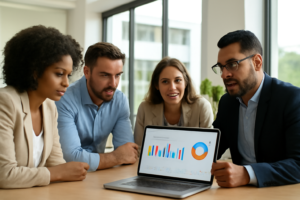 Corretor autônomo e equipe de imobiliária olhando para laptop com gráficos de anúncios