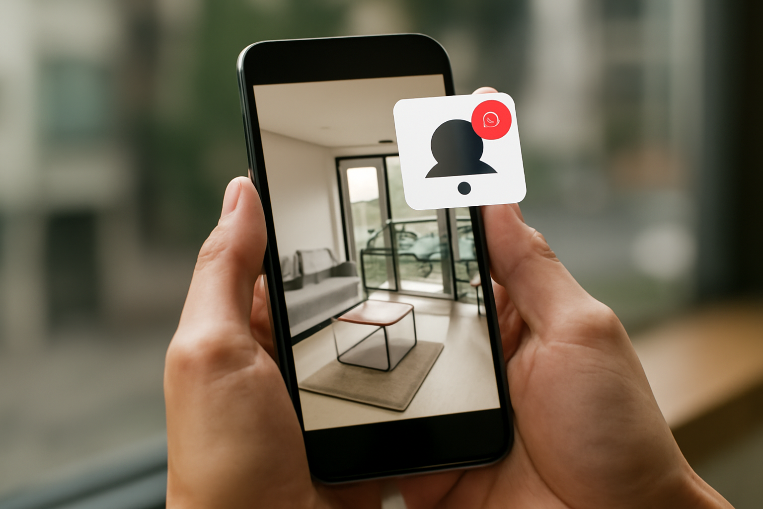 Smartphone mostrando anúncio imobiliário com notificação de lead