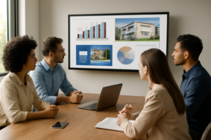 Equipe de marketing imobiliário reunida analisando um painel de campanhas digitais
