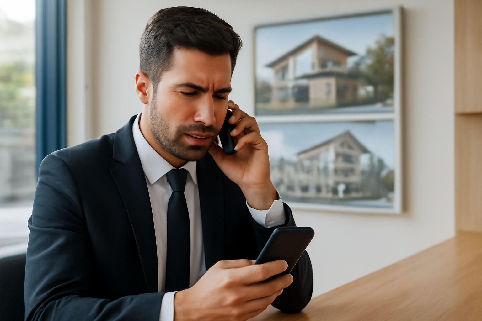 Consultor imobiliário atendendo cliente via smartphone