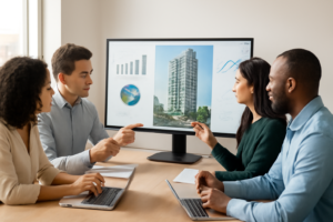 Equipe de marketing imobiliário apresentando campanha digital para construtora