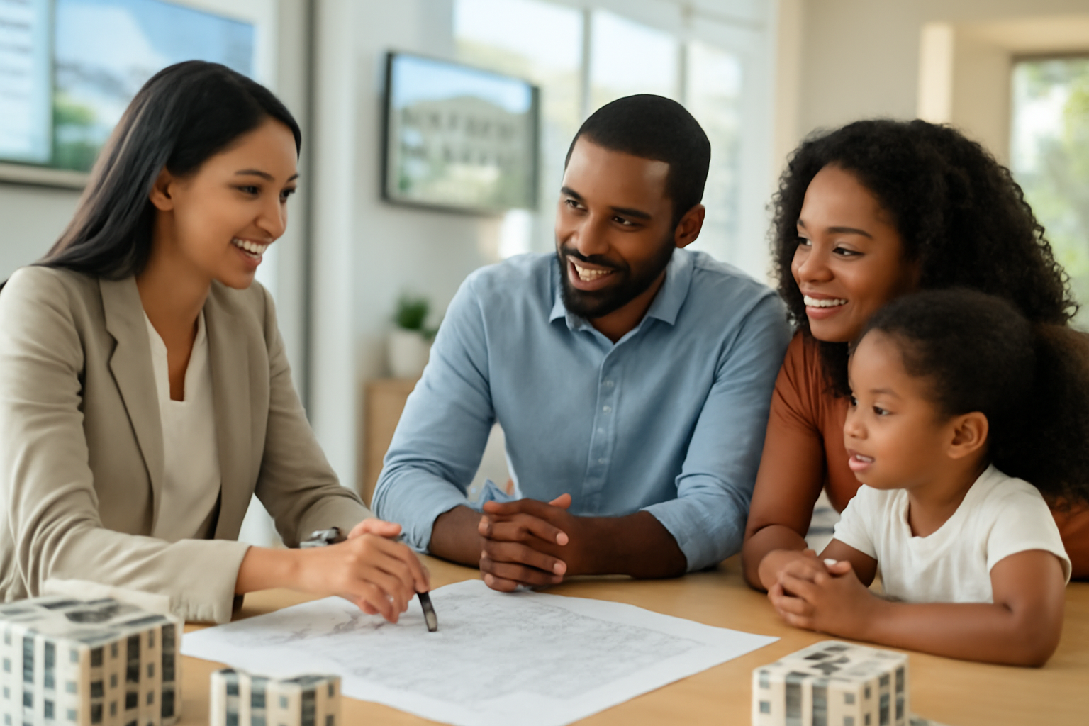 Família visitando estande de vendas de empreendimento com corretor guiando tour
