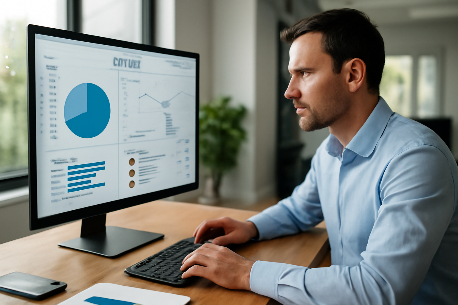 Profissional analisando painel de leads no computador e integrando com CRM