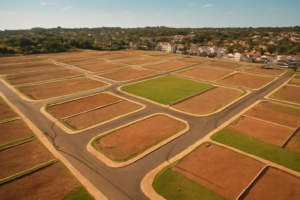 Vista aérea fotorealista de um loteamento com ruas, lotes demarcados e vegetação ao redor em dia ensolarado