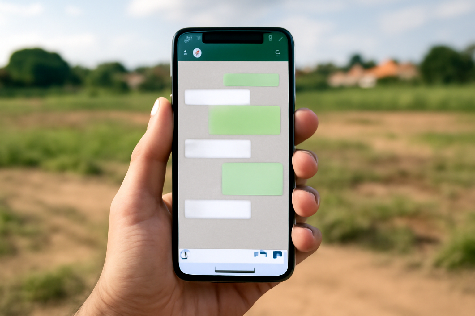 Smartphone com conversa do WhatsApp aberta mostrando mensagem de agendamento, com o loteamento desfocado ao fundo