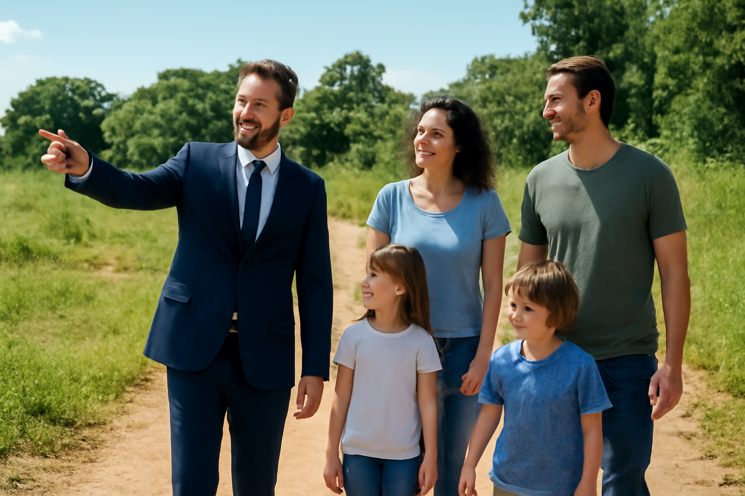 Família caminhando por um lote com corretor apontando área do terreno durante visita ao empreendimento