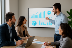 Profissionais analisando painéis de métricas de marketing imobiliário em monitor