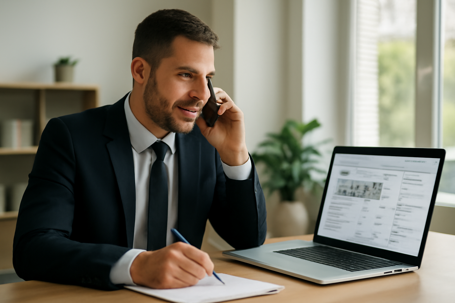 Corretor usando CRM no laptop enquanto atende cliente ao telefone