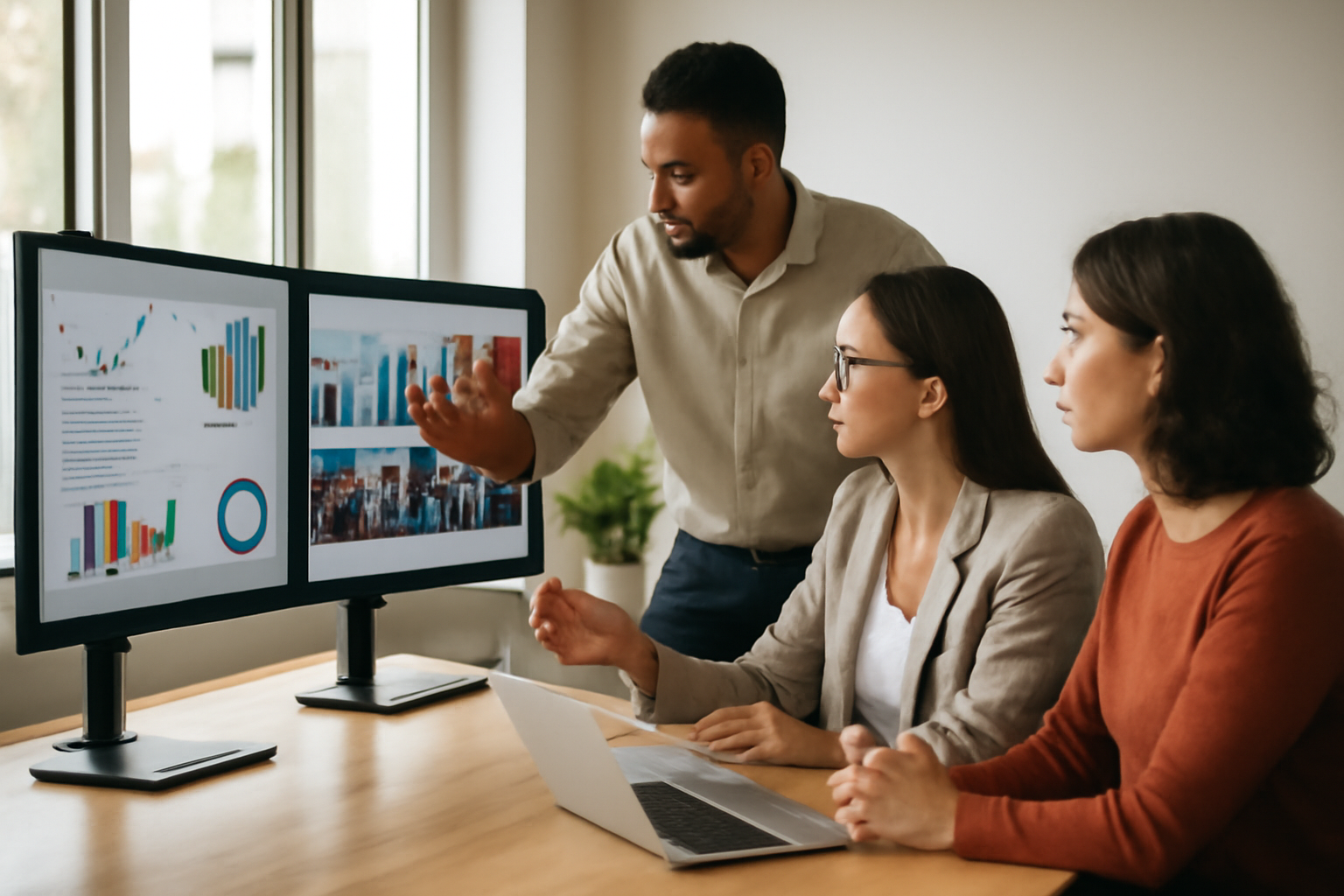 Equipe de marketing analisando campanhas de vídeo em múltiplas telas