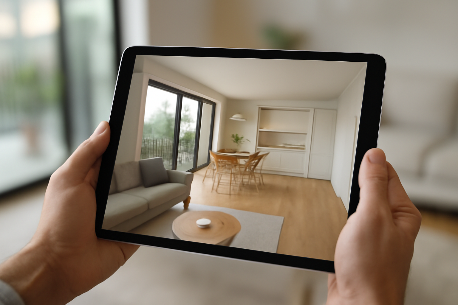 Close-up de tablet mostrando tour virtual 3D de apartamento