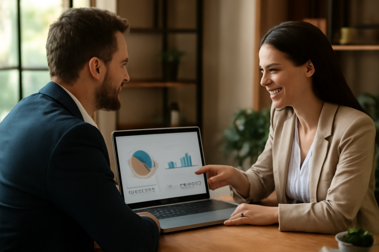 Corretor e especialista em marketing olhando analytics no laptop