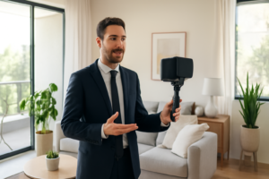 Corretor gravando vídeo de tour por um apartamento moderno