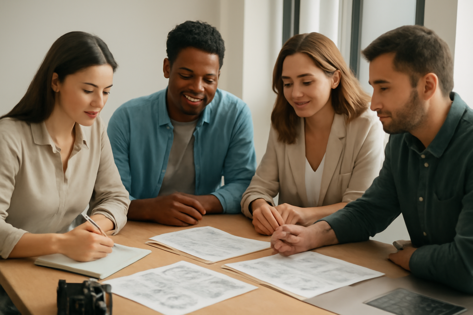 Equipe de marketing imobiliário preparando roteiro de vídeo para anúncios