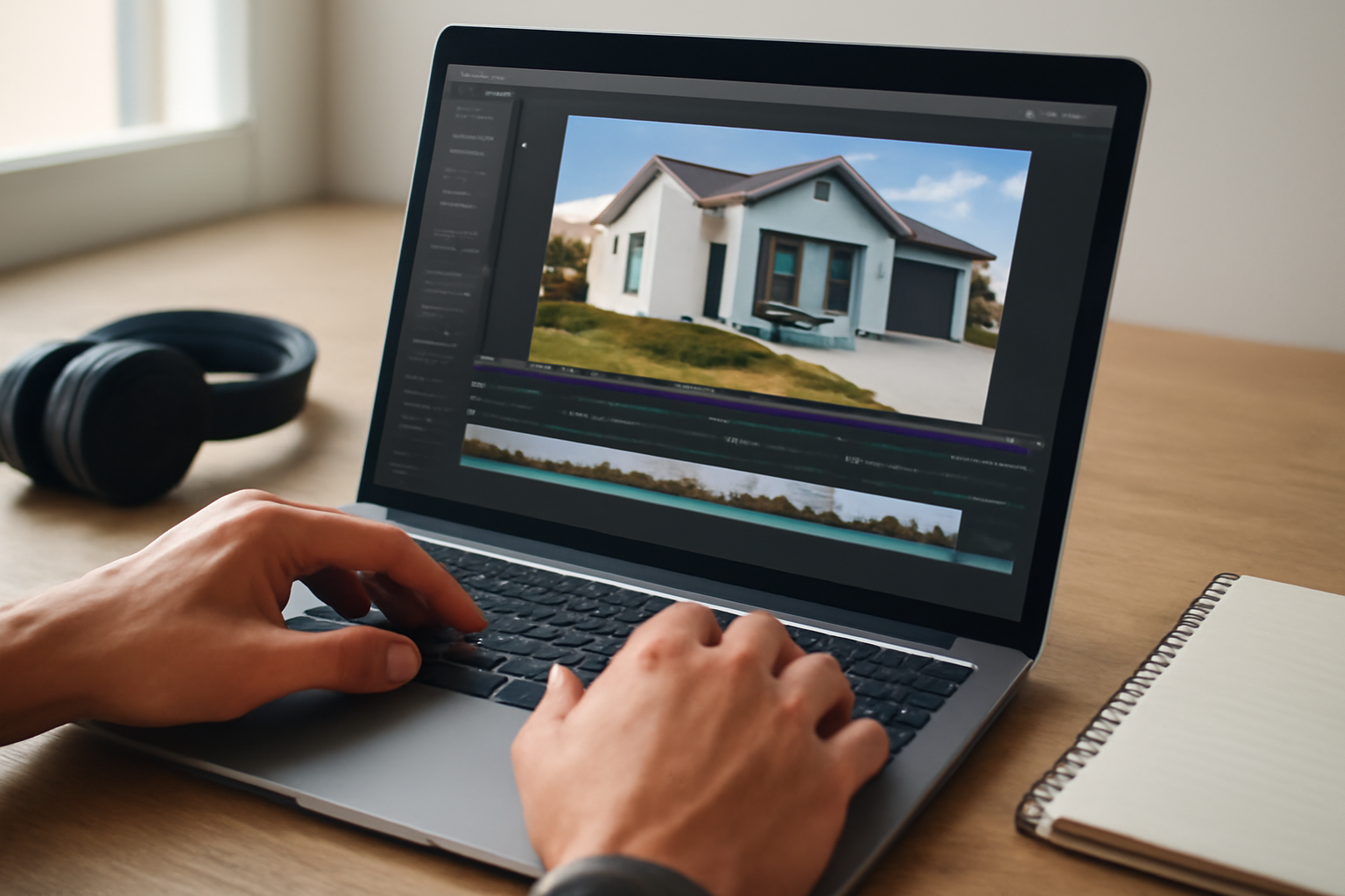 Mão editando timeline de vídeo em laptop