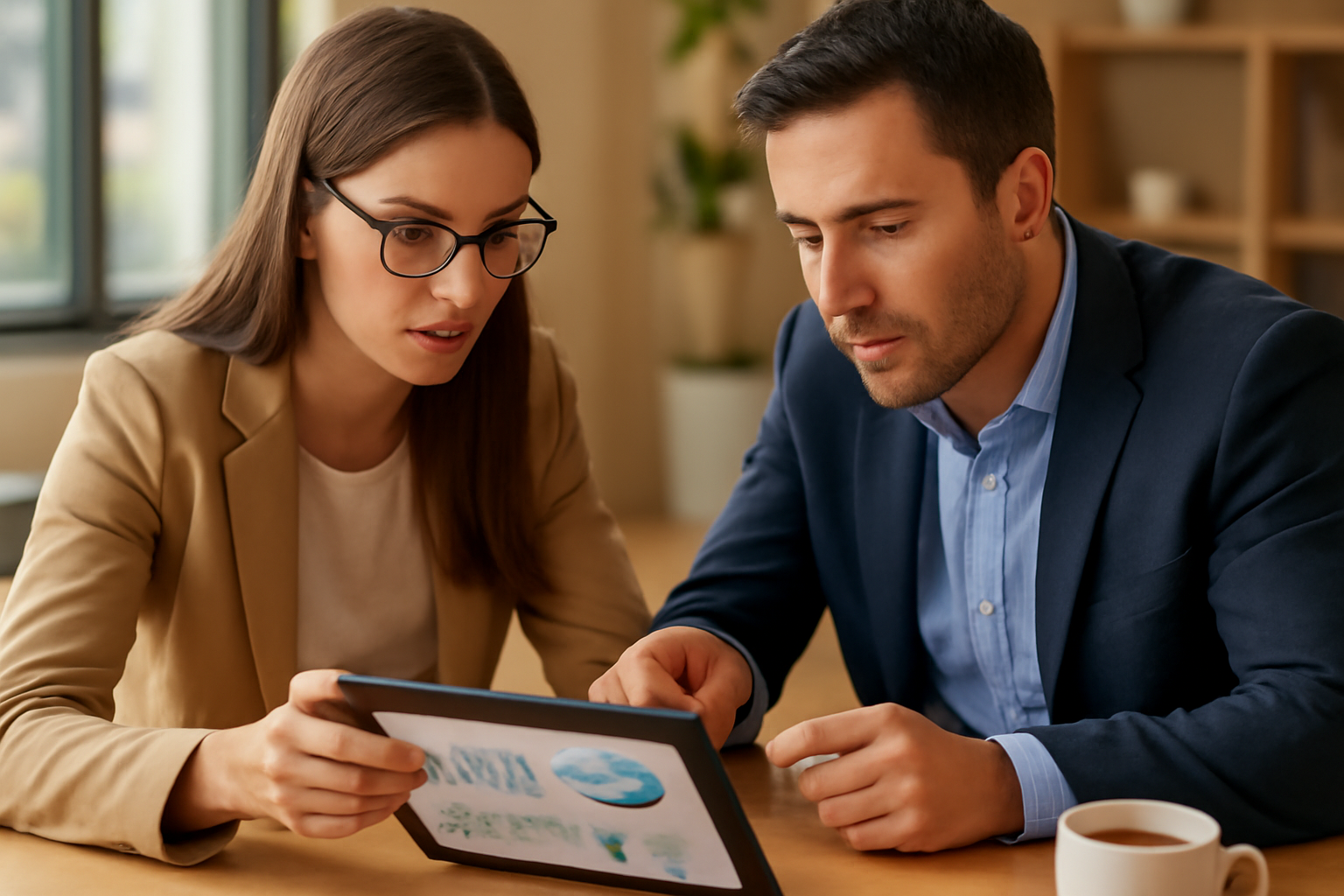Reunião entre gerente de marketing e corretor analisando métricas em tablet
