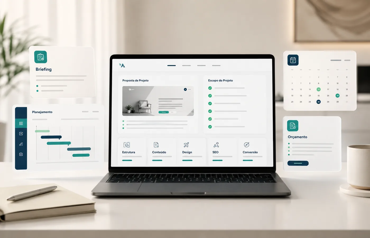 Planejamento de projeto de site com briefing, escopo, orçamento e cronograma