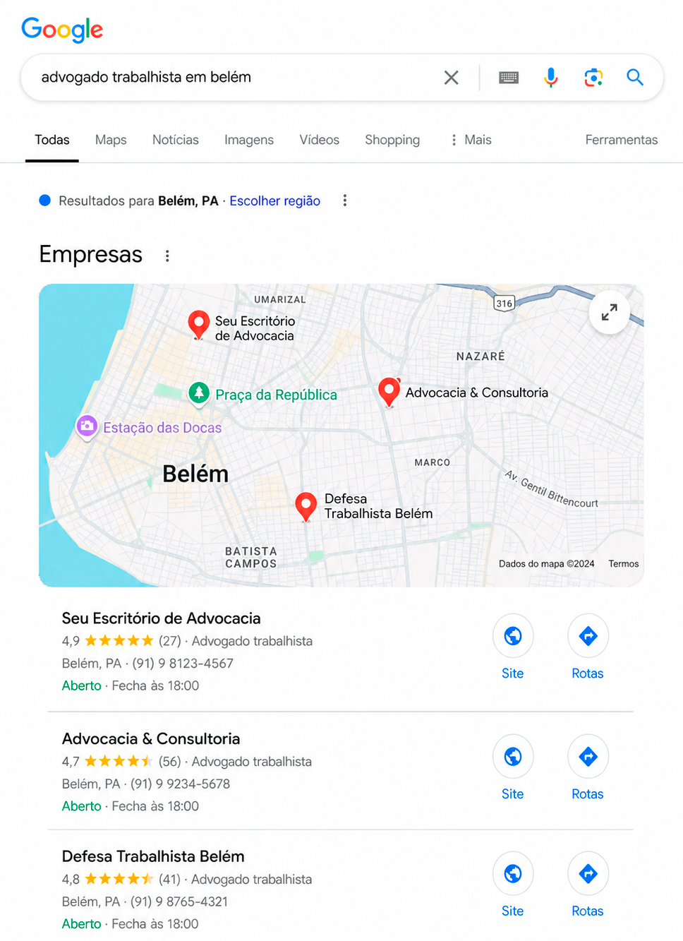 Exemplo de busca local no Google para empresa em Curitiba