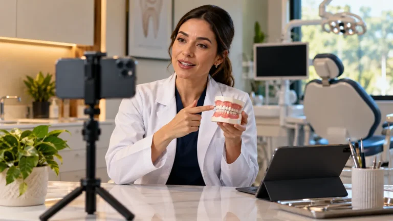 Dentista preparando conteúdo educativo no consultório com apoio de um modelo odontológico